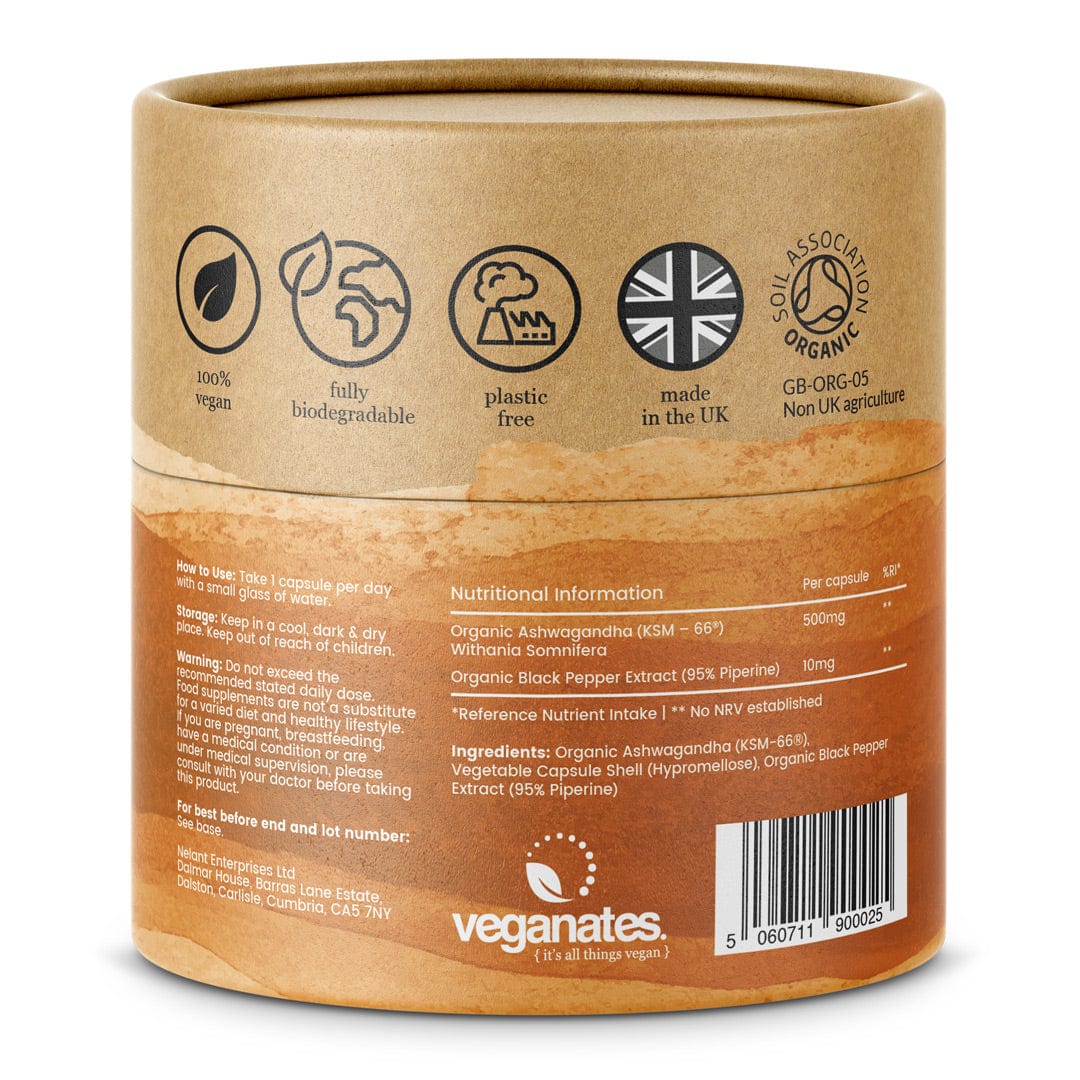 Veganates Organic Ashwagandha KSM-66® with 5% Withanolides in Plastic Free ECO Packaging