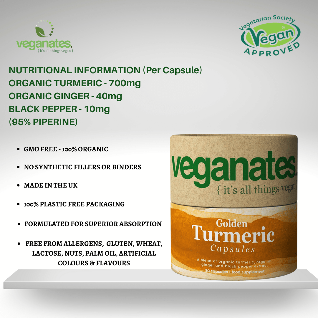 Veganates Multivitamin Supplement Organic Vegan Turmeric Curcumin & Ginger Supplement with Black Pepper For Superior Absorption. 90 High Strength Capsules in Plastic Free Biodegradable Packaging