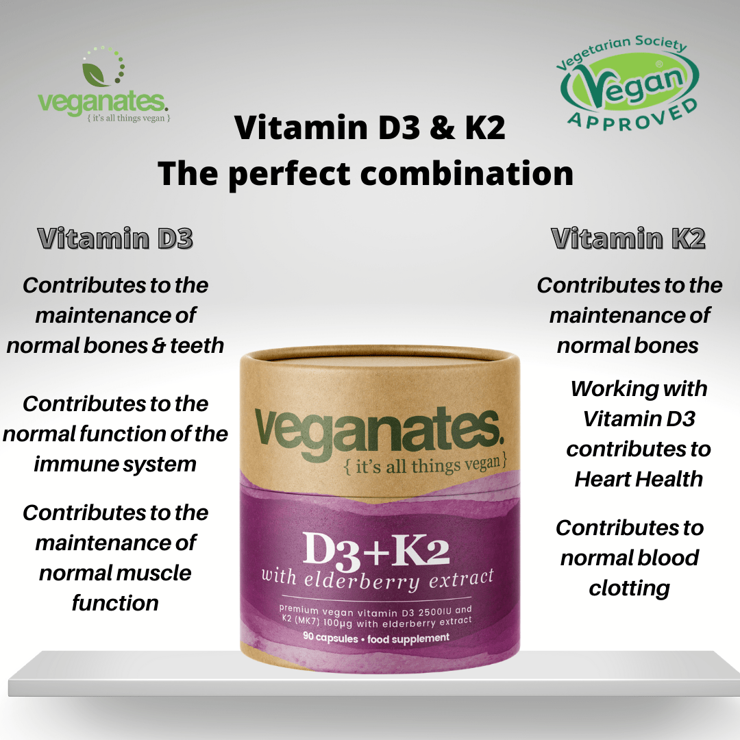 Veganates Multivitamin Supplement Vegan Vitamin D3 2500IU & K2 MK7 100µg With Elderberry Extract for additional Immune Support. 90 Capsules - 3 Months Supply